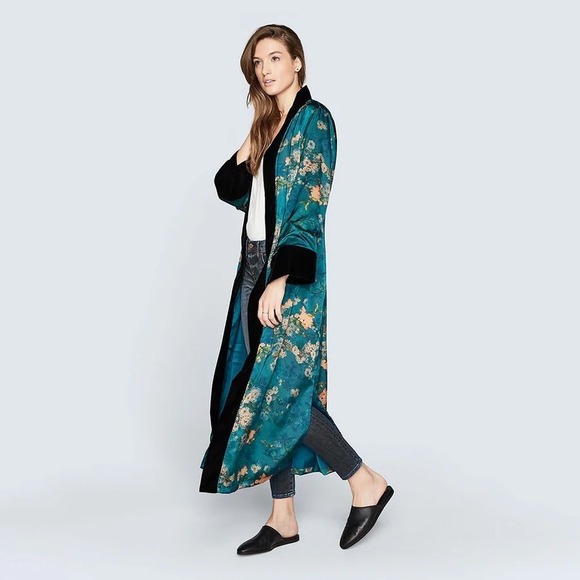 Other - Kimono Ono Teal Floral Velvet Trim Long Kimono Robe